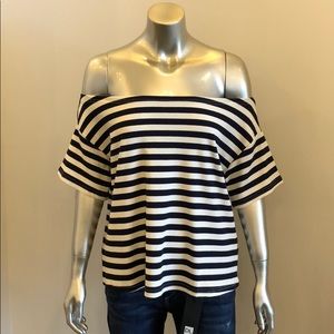 NWT LUMIERE Navy and white off the shldr top
